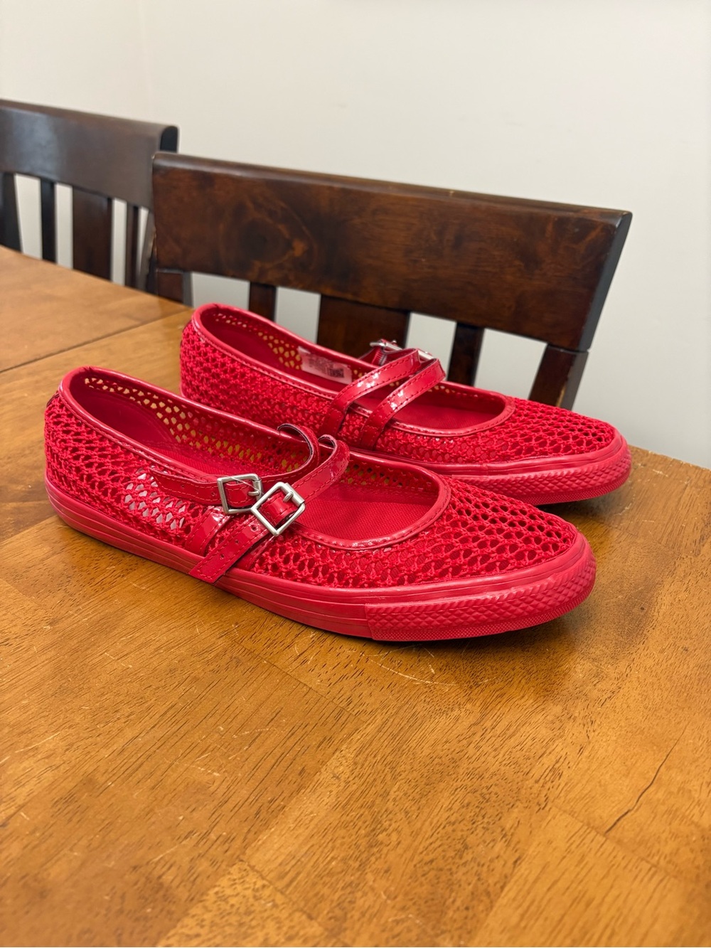 Converse Red Mesh Mary Jane Flats with Double Buckle Straps